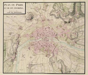 Mapa de Paris e seus arredores, de &39;Oisivetes&39; (gravura a cores)